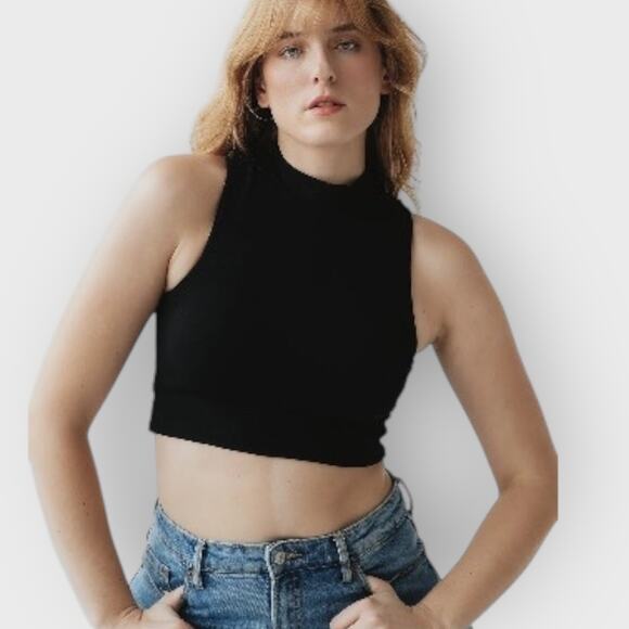 Klassy Network Crop Top Ribbed Mock Neck Padded Minimalist Black Women's Medium - Picture 2 of 7